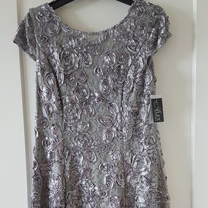 NWT Alex Evenings Tea Length Dress with Rosette Detail Dove Grey 12P Petite